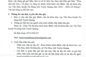 Yêu cầu báo giá gói thầu: “Mua sắm khí Oxy y tế phục vụ công tác khám chữa bệnh của Bệnh viện đa khoa khu vực Yên Hoa, huyện Na Hang tỉnh Tuyên Quang năm 2024 – 2026 (24 tháng)”